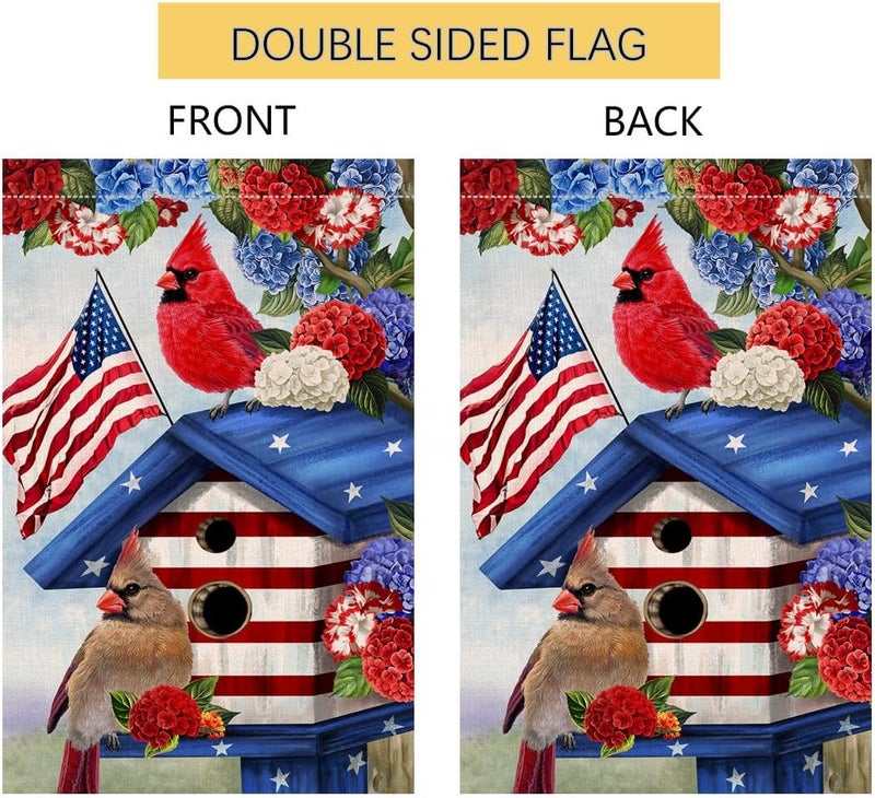 BLKWHT 4th of July Cardinal Bird Garden Flag 12x18 Vertical Double Sided Red Blue Floral Memorial Day Independence Day Holiday Outside Decorations Burlap Yard Flag BW824 - Image 4